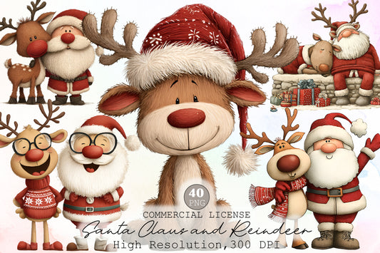Santa Claus and Reindeer Christmas PNG Clipart Bundle