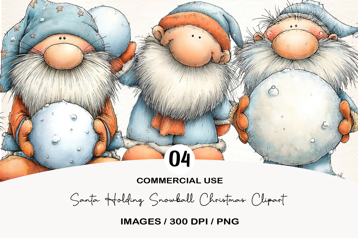 Santa Holding Snowball Christmas Clipart PNG Bundle | Cute Watercolor Santa Claus Winter Clipart | Festive Holiday Santa PNG