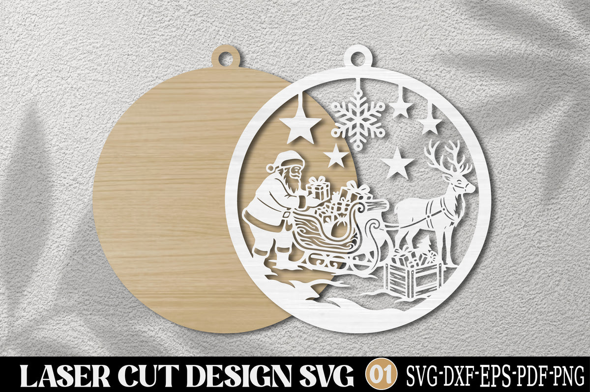 Santa Sleigh Reindeer Christmas Ornament Laser Cut SVG | Holiday SVG Design
