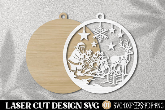 Santa Sleigh Reindeer Christmas Ornament Laser Cut SVG | Holiday SVG Design