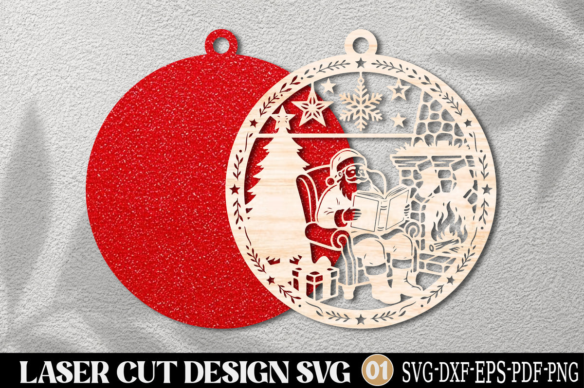 Santa Reading by Fireplace Christmas Ornament Laser Cut SVG | Holiday SVG