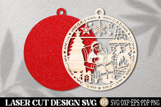 Santa Reading by Fireplace Christmas Ornament Laser Cut SVG | Holiday SVG