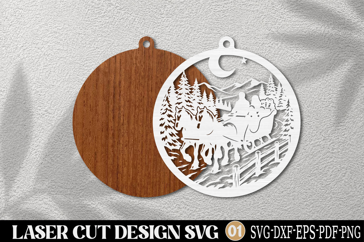 Santa Sleigh Reindeer Christmas Ornament Laser Cut SVG | Winter Holiday SVG
