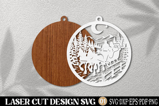 Santa Sleigh Reindeer Christmas Ornament Laser Cut SVG | Winter Holiday SVG