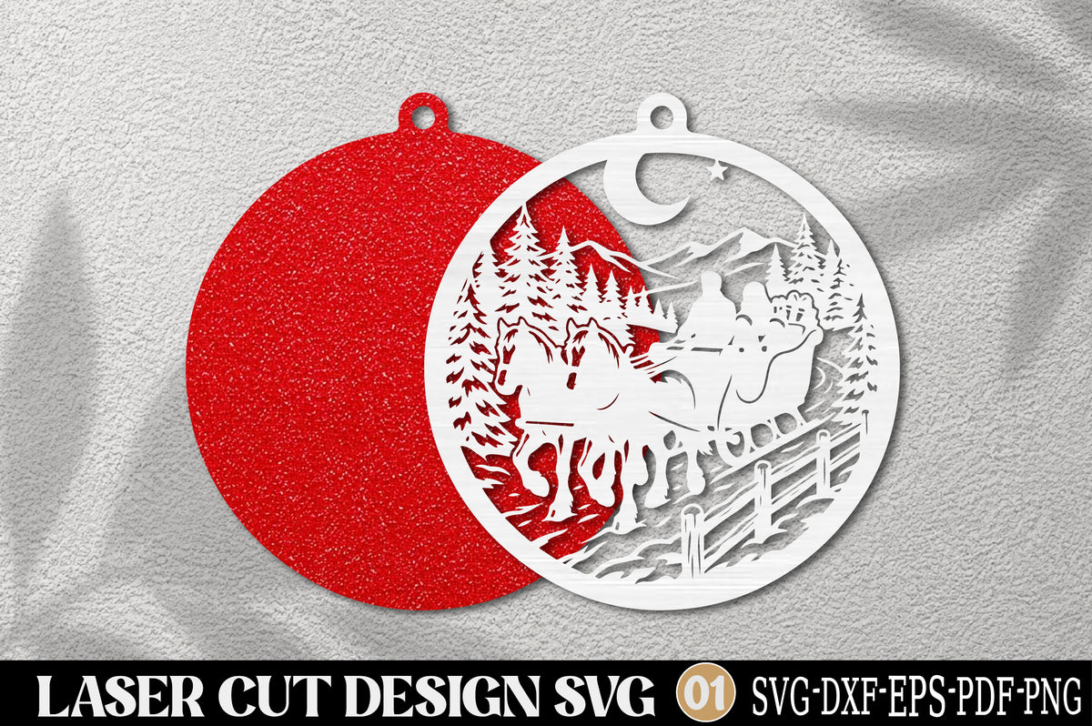 Santa Sleigh Reindeer Christmas Ornament Laser Cut SVG | Winter Forest Holiday SVG