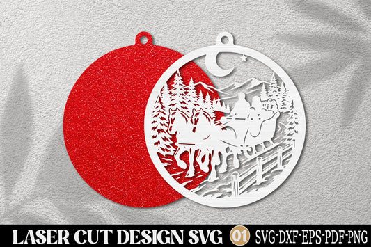 Santa Sleigh Reindeer Christmas Ornament Laser Cut SVG | Winter Forest Holiday SVG