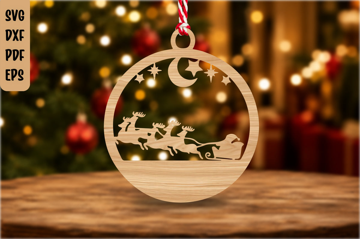 Santa Sleigh Reindeer Christmas Ornament Laser Cut SVG DXF