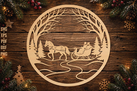 Santa Sleigh Christmas Ornament Laser Cut SVG, Santa Reindeer Sleigh Cut File, Christmas Tree Ornament