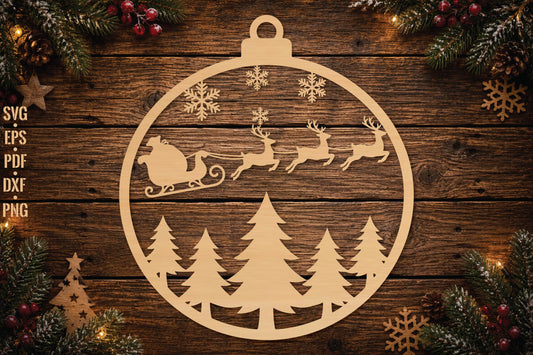 Santa Sleigh Christmas Ornament Laser Cut SVG, Santa Claus Sleigh Ornament Cut File, Reindeer