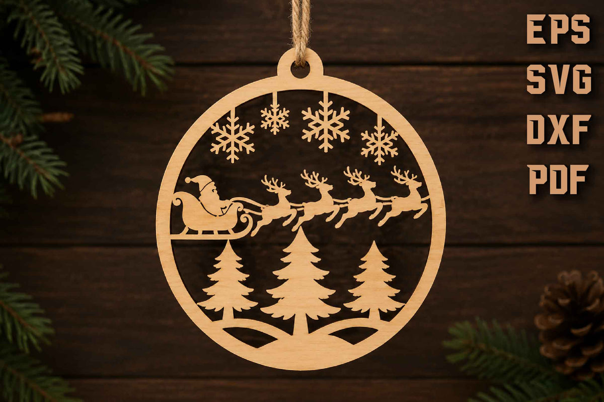 Santa Sleigh Reindeer Christmas Ornament SVG