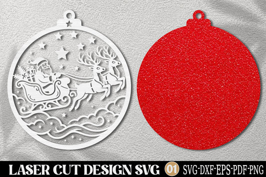 Santa Sleigh Reindeer Christmas Ornament SVG | Laser Cut Christmas Design