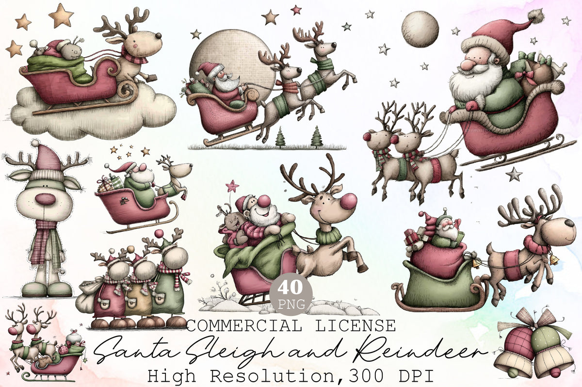 Santa Sleigh and Reindeer Christmas Clipart PNG Bundle
