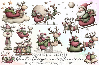 Santa Sleigh and Reindeer Christmas Clipart PNG Bundle