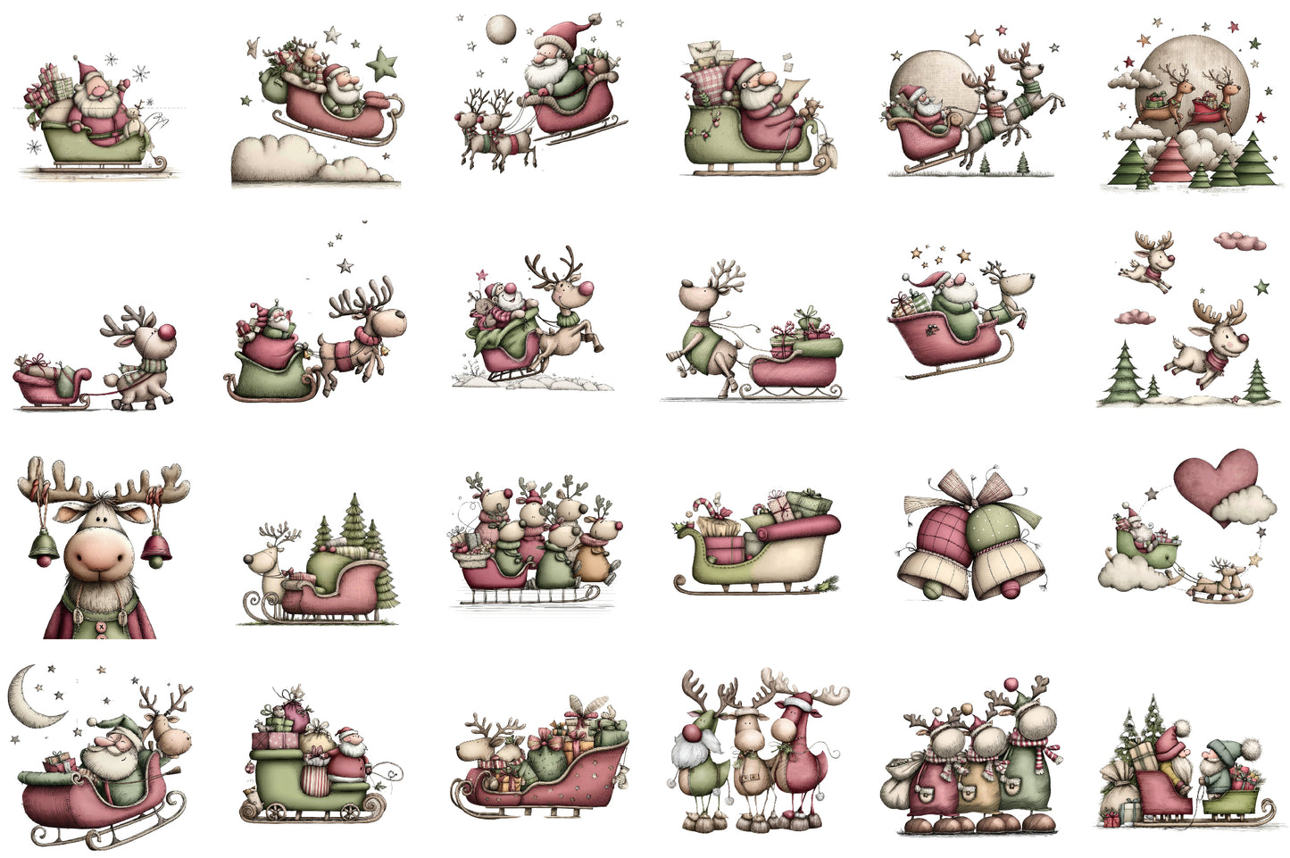 Santa Sleigh and Reindeer Christmas Clipart PNG Bundle