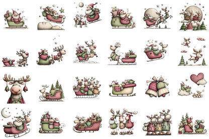 Santa Sleigh and Reindeer Christmas Clipart PNG Bundle