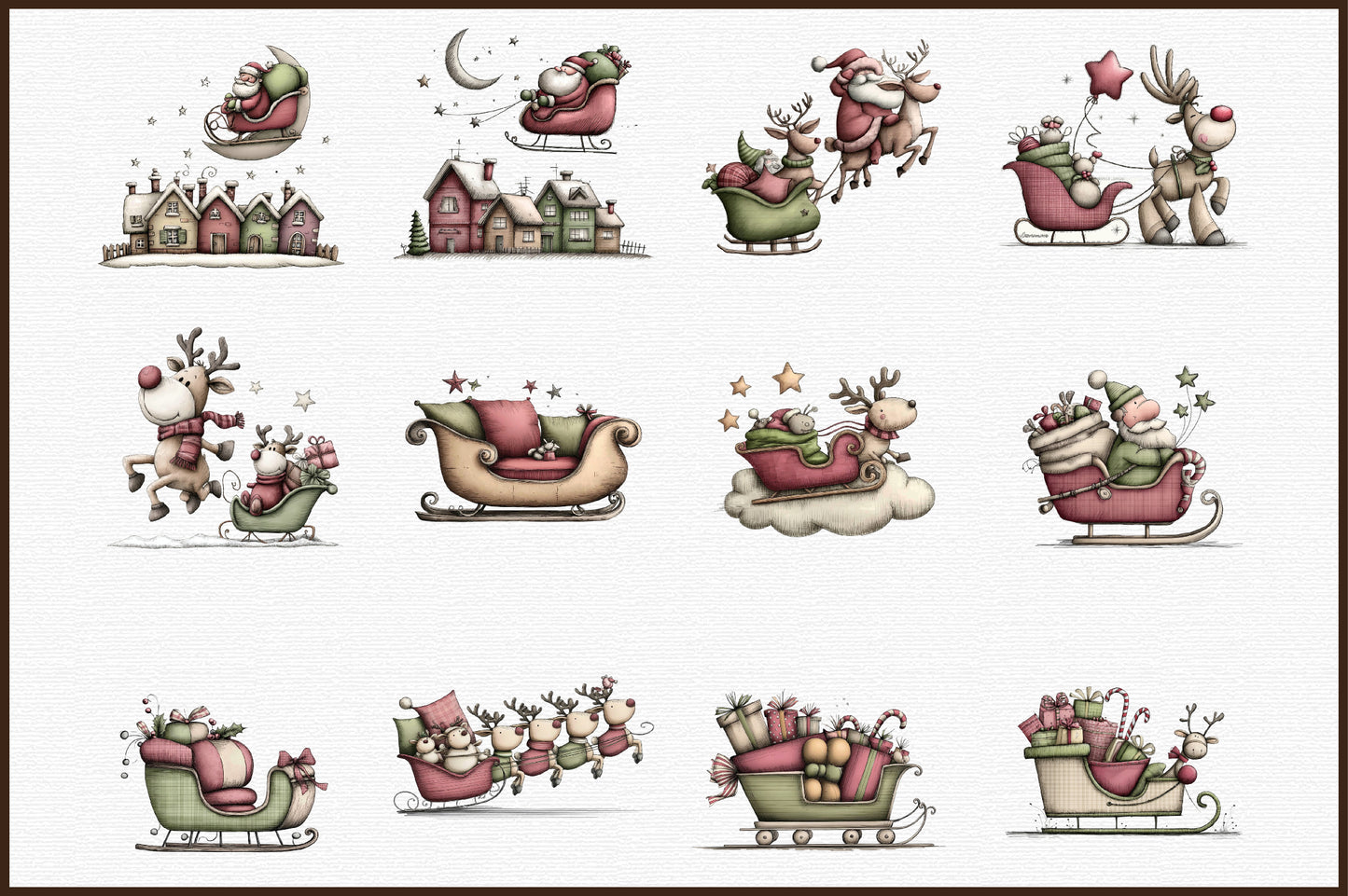 Santa Sleigh and Reindeer Christmas Clipart PNG Bundle