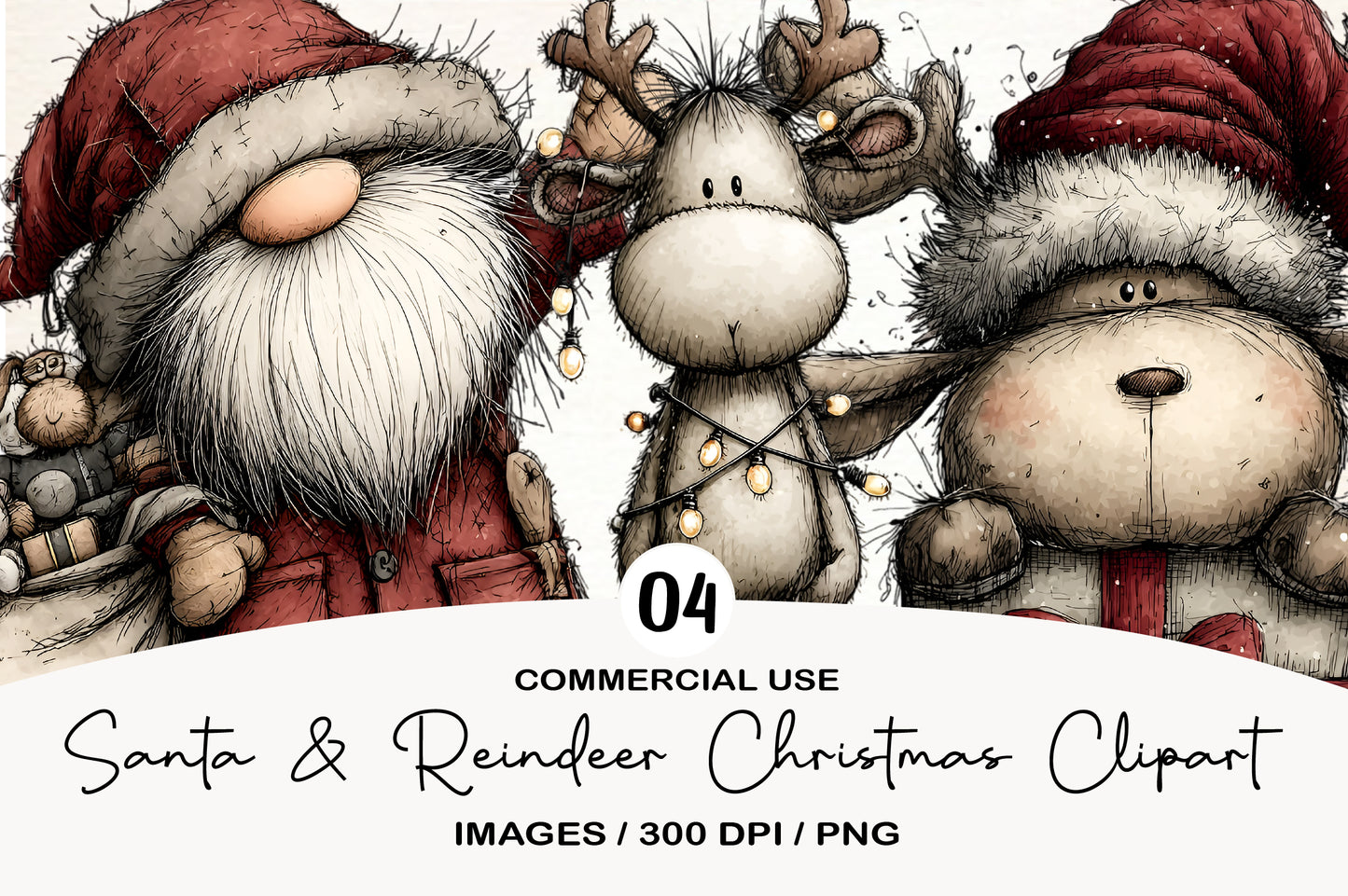 Santa & Reindeer Christmas Clipart PNG Bundle | Cute Watercolor Holiday Santa Claus Clipart