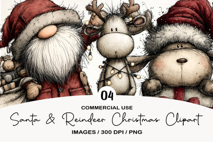 Santa & Reindeer Christmas Clipart PNG Bundle | Cute Watercolor Holiday Santa Claus Clipart