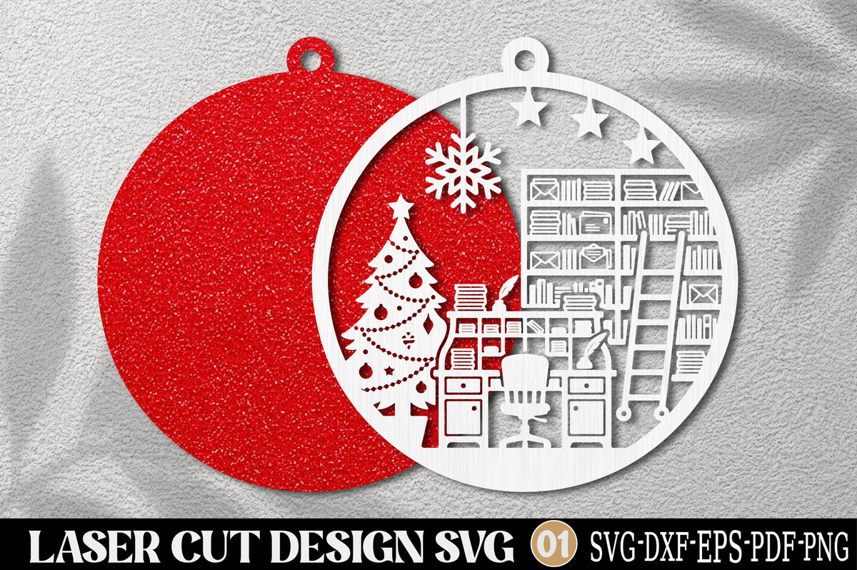 Santa Christmas Office Ornament Laser Cut SVG | Christmas Tree & Workshop Holiday SVG