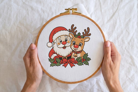 Santa and Reindeer Embroidery Design – Cute Christmas Santa & Reindeer Machine Embroidery Pattern, Festive Holiday Embroidery Design