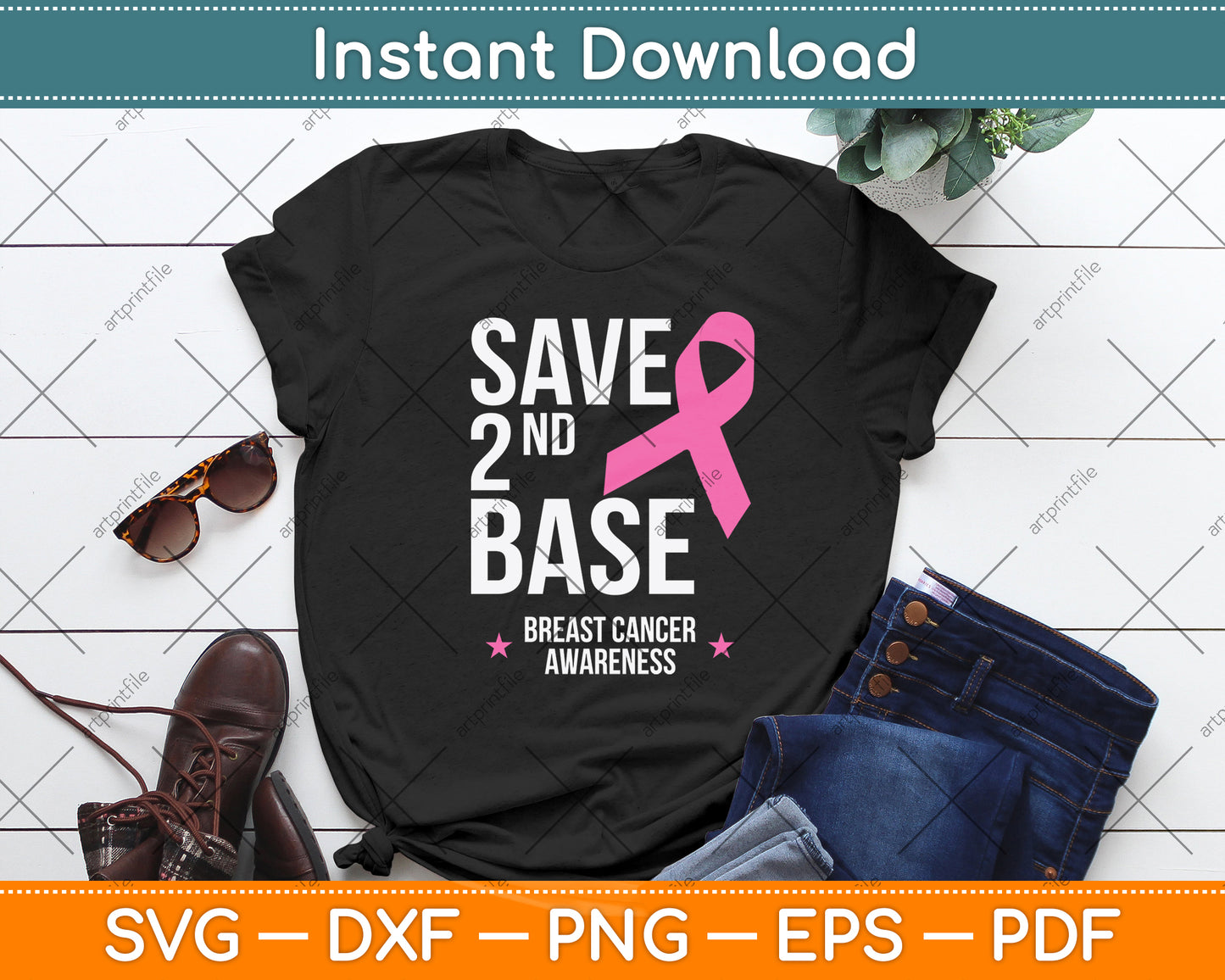 Save 2nd Base Breast Cancer Awareness Svg Png Dxf Digital Cutting File