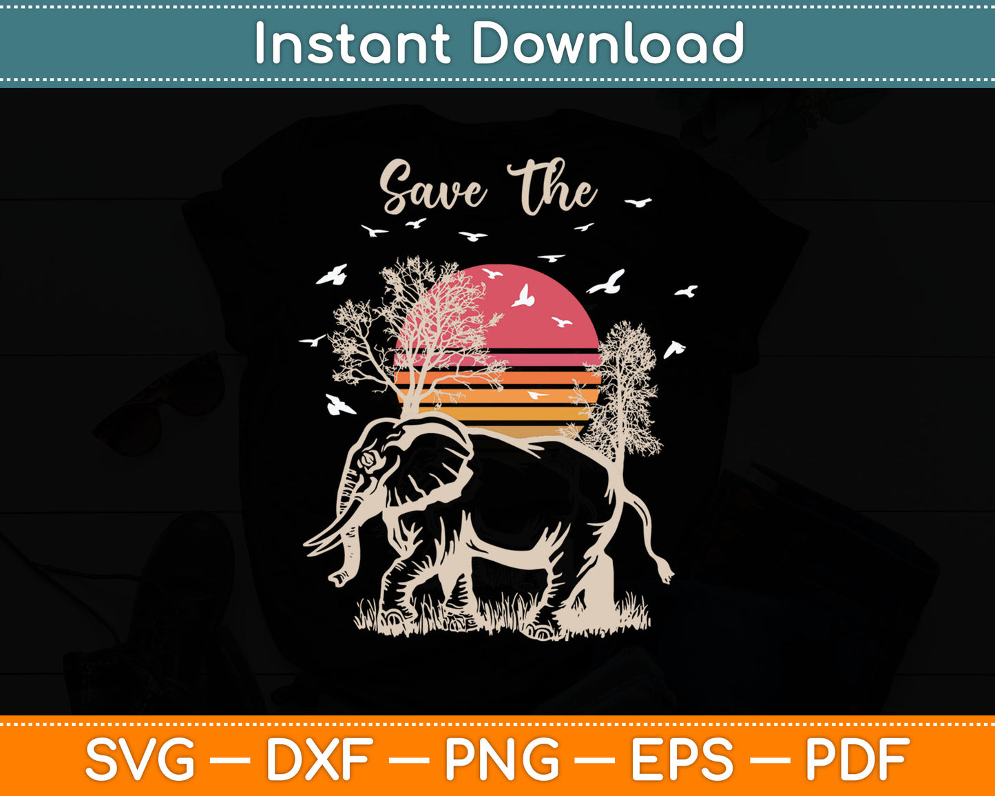 Save The Elephants Retro Style Elephant Svg Digital Cutting File