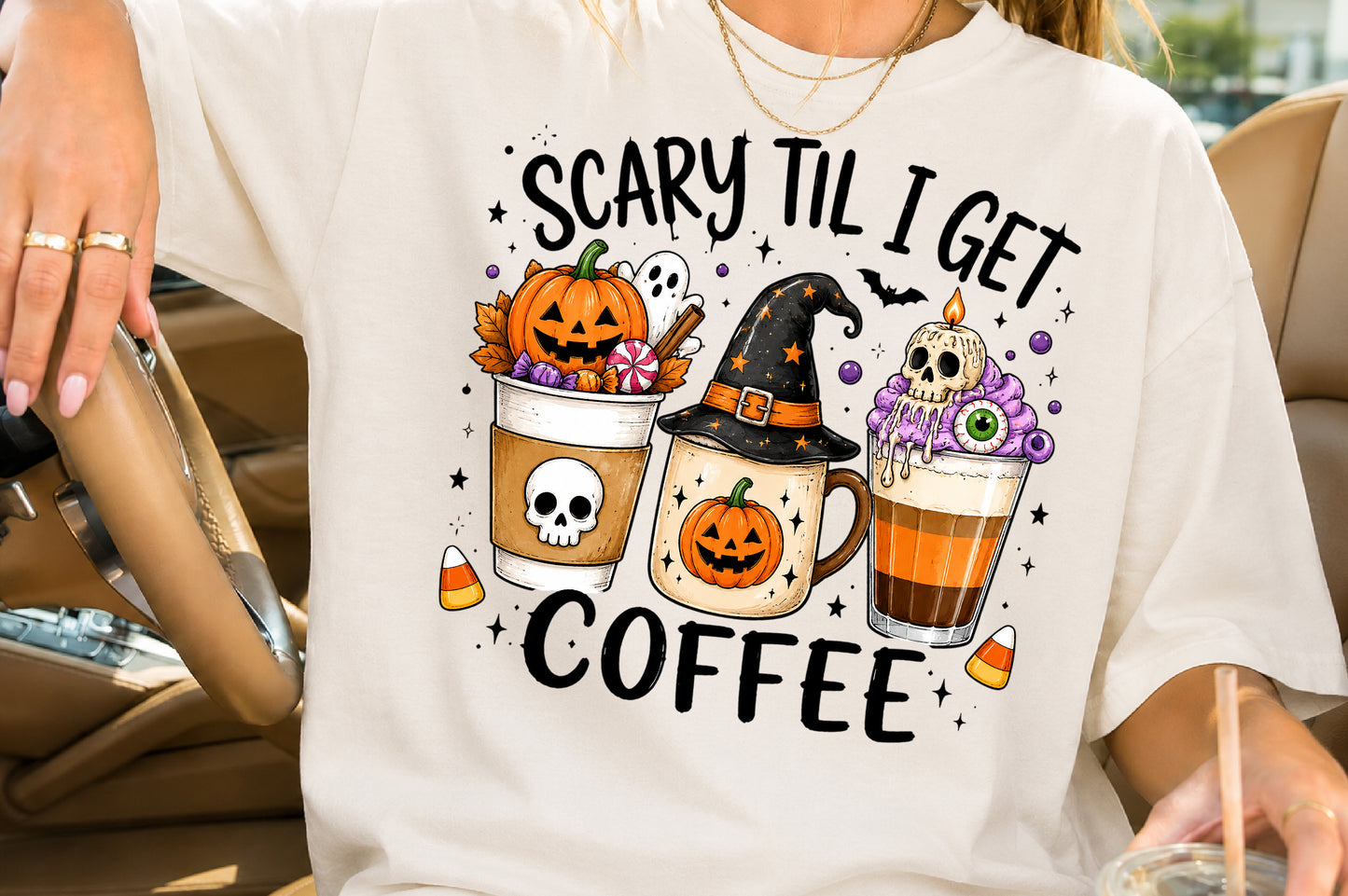 Scary Til I Get Coffee PNG Halloween Coffee Spooky Sublimation Design