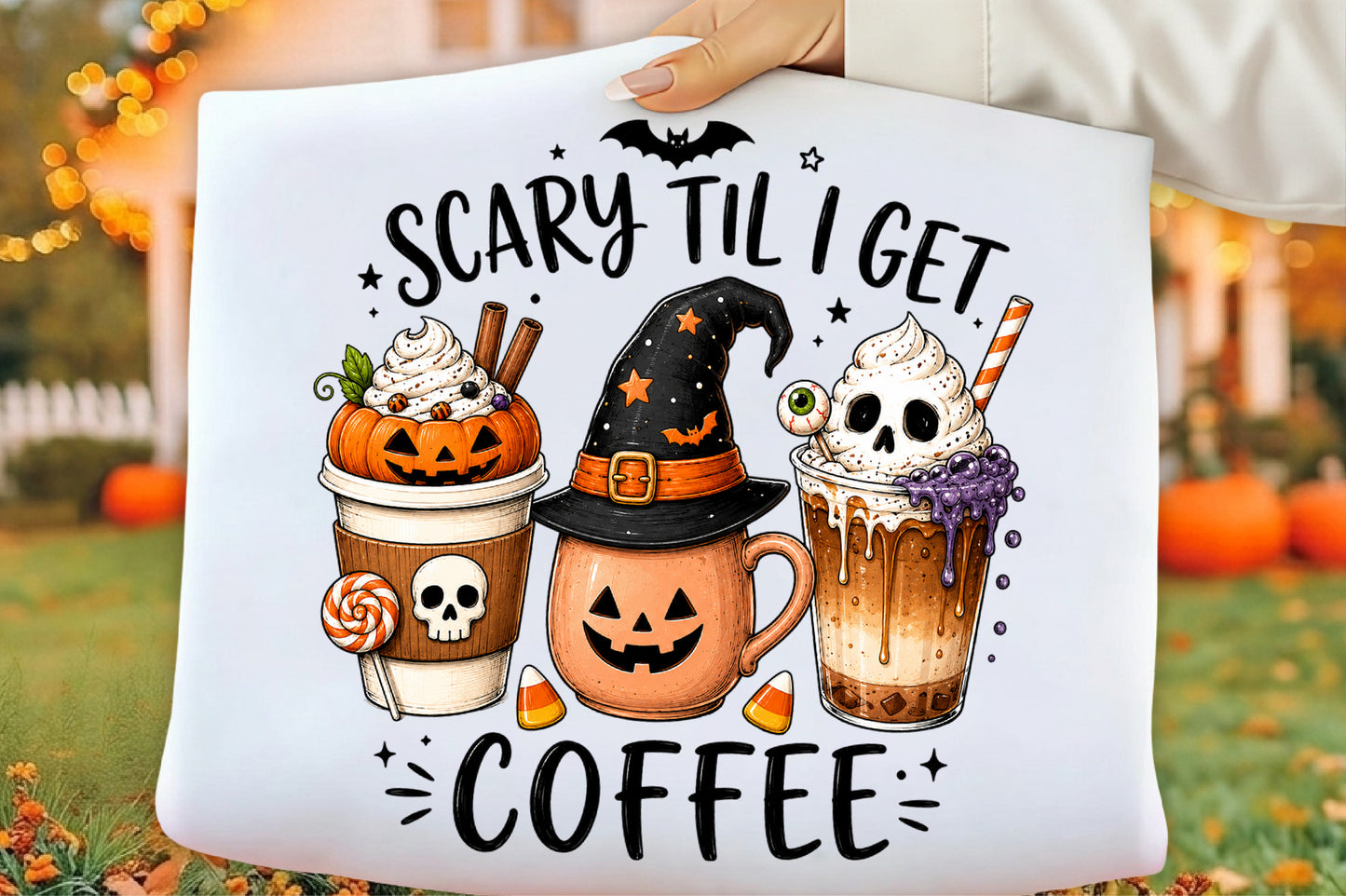 Scary Til I Get Coffee PNG | Halloween Coffee Pumpkin Witch Skull Cup Sublimation Clipart | Funny Spooky Coffee Design