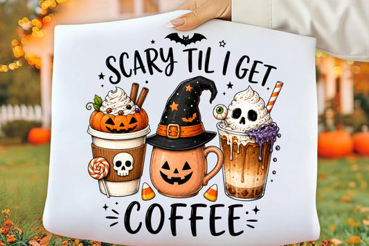 Scary Til I Get Coffee PNG | Halloween Coffee Pumpkin Witch Skull Cup Sublimation Clipart | Funny Spooky Coffee Design