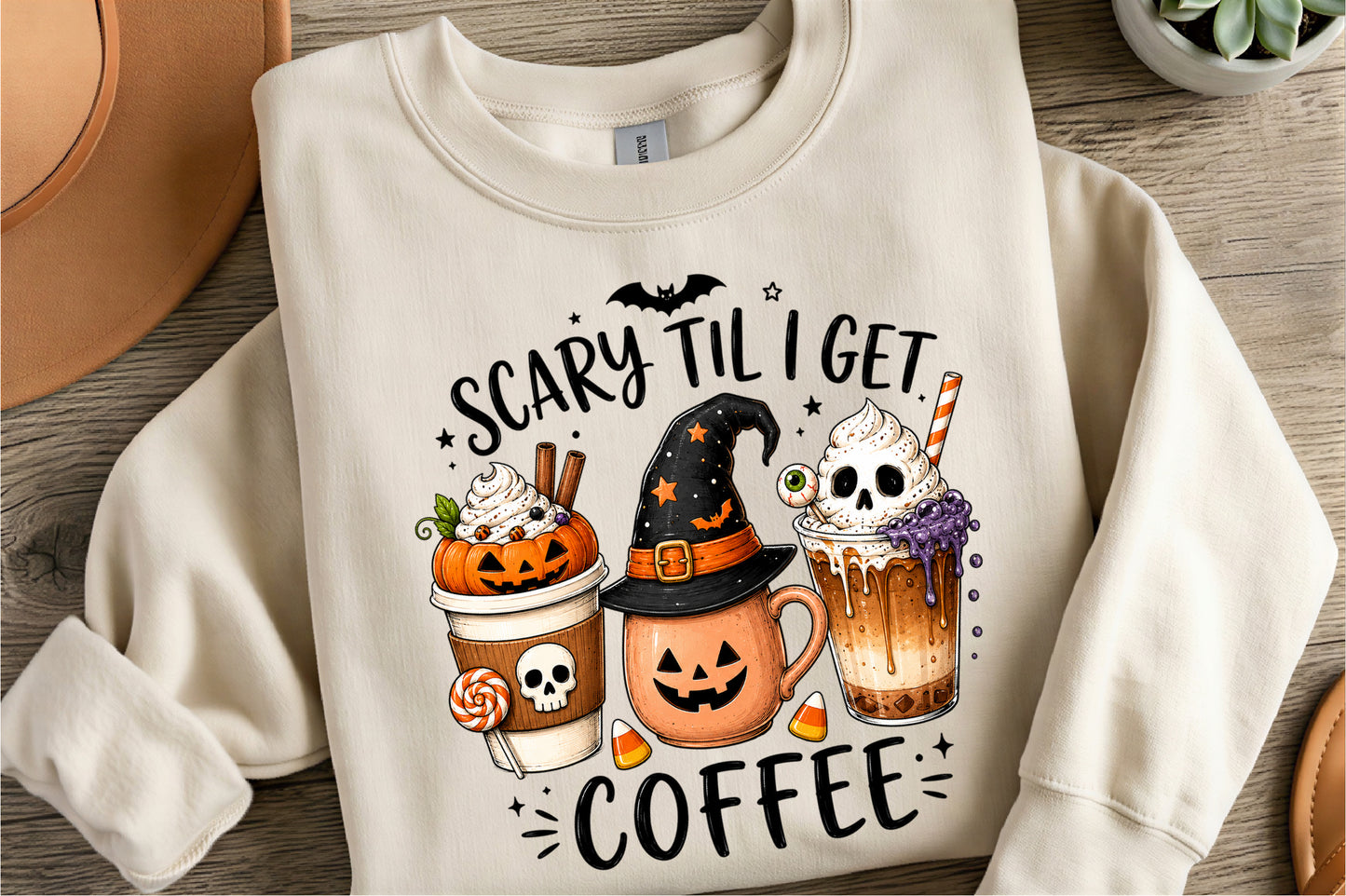Scary Til I Get Coffee PNG | Halloween Coffee Pumpkin Witch Skull Cup Sublimation Clipart | Funny Spooky Coffee Design