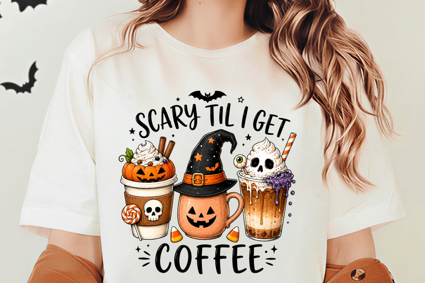 Scary Til I Get Coffee PNG | Halloween Coffee Pumpkin Witch Skull Cup Sublimation Clipart | Funny Spooky Coffee Design