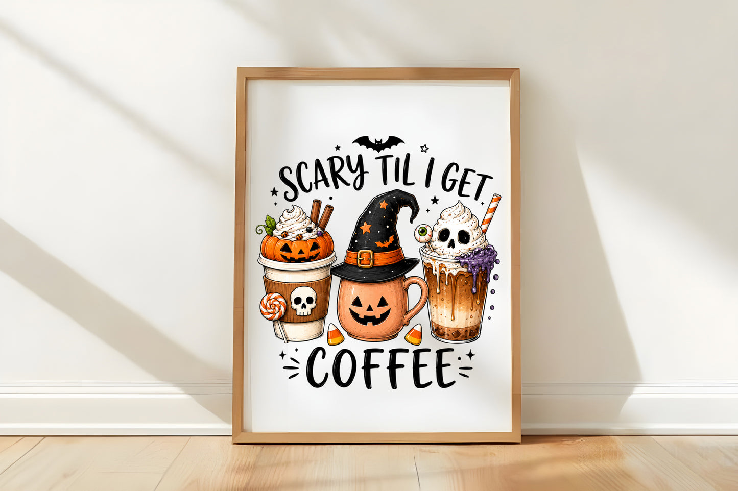 Scary Til I Get Coffee PNG | Halloween Coffee Pumpkin Witch Skull Cup Sublimation Clipart | Funny Spooky Coffee Design