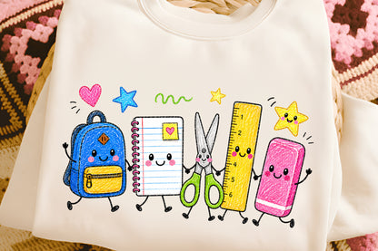 Cute School Supplies PNG Backpack Notebook Scissors Ruler Crayon