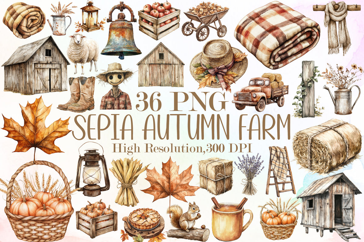 Sepia Autumn Farm Clipart PNG Bundle 36 Fall Rustic Elements