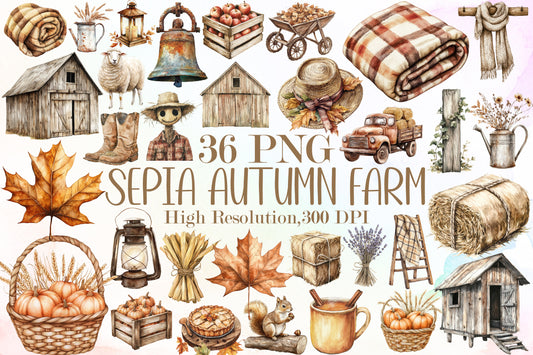 Sepia Autumn Farm Clipart PNG Bundle 36 Fall Rustic Elements