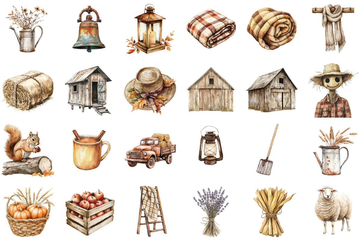 Sepia Autumn Farm Clipart PNG Bundle 36 Fall Rustic Elements