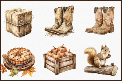 Sepia Autumn Farm Clipart PNG Bundle 36 Fall Rustic Elements