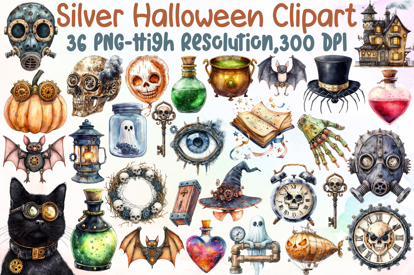 Silver Halloween Clipart PNG Bundle 36 Gothic Steampunk Elements