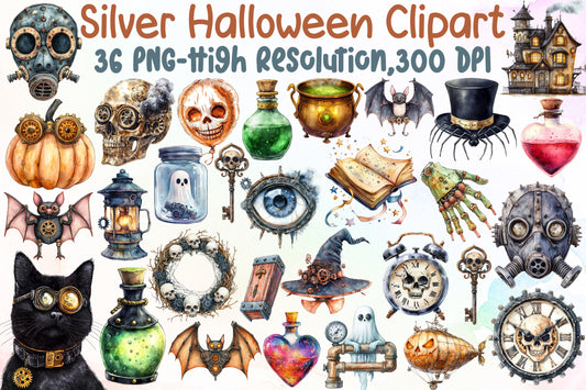Silver Halloween Clipart PNG Bundle 36 Gothic Steampunk Elements