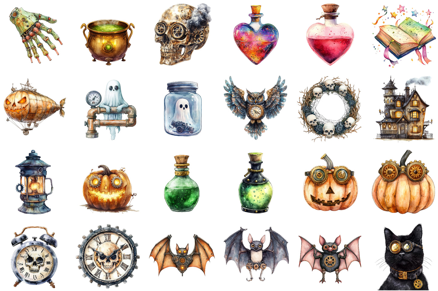 Silver Halloween Clipart PNG Bundle 36 Gothic Steampunk Elements