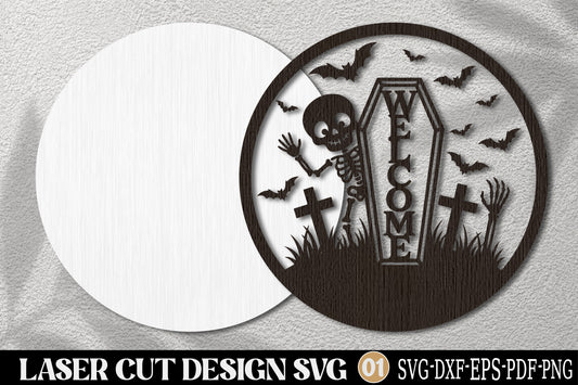 Skeleton Coffin Halloween Laser Cut SVG | Spooky Graveyard Halloween Ornament