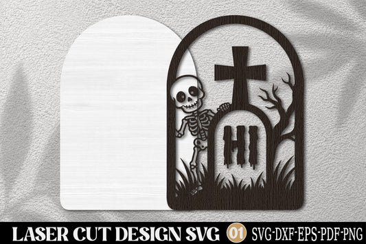 Skeleton Graveyard Halloween Laser Cut SVG | Gothic Tombstone Skeleton Halloween Ornament