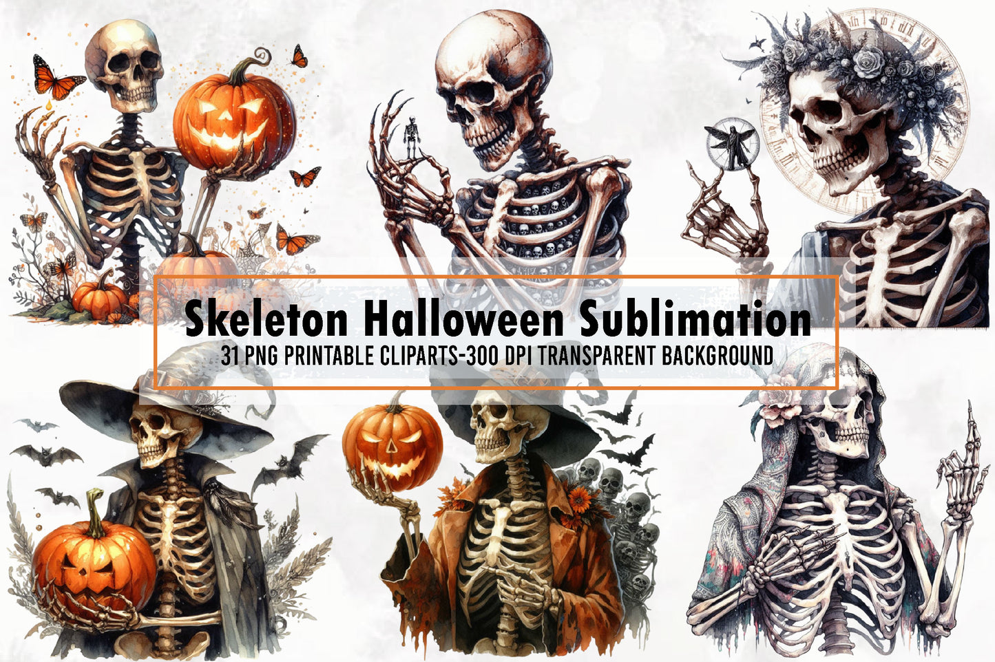 Skeleton Halloween Sublimation PNG Clipart Bundle