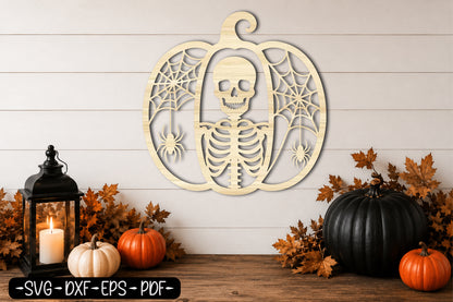 Skeleton Pumpkin Halloween SVG | Skull Spider Web Laser Cut