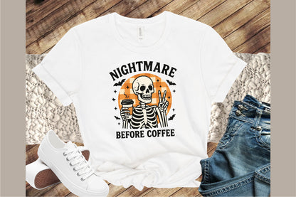 Nightmare Before Coffee Halloween Skeleton PNG Sublimation Design