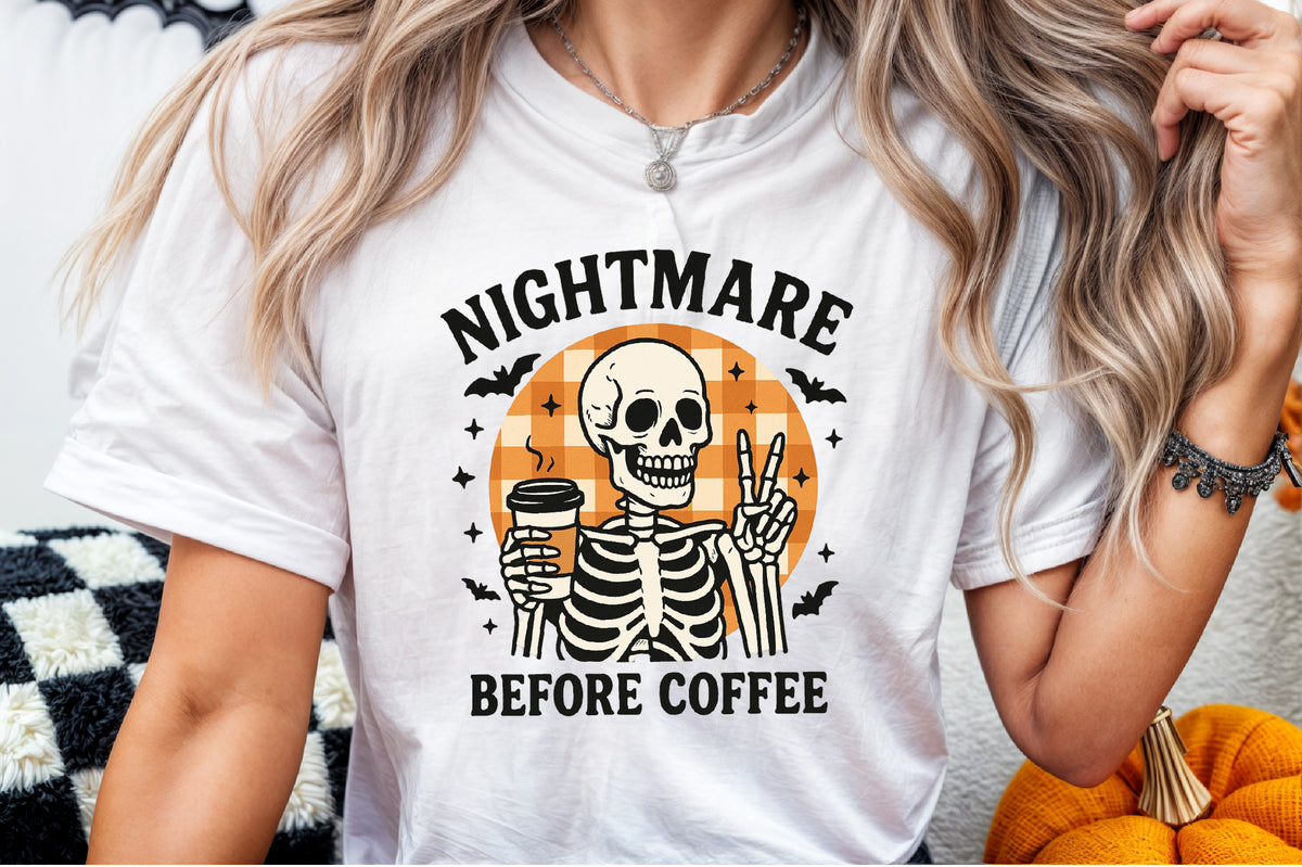 Nightmare Before Coffee Halloween Skeleton PNG Sublimation Design