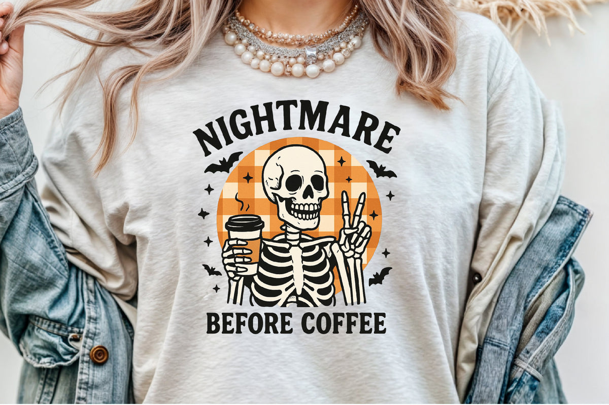 Nightmare Before Coffee Halloween Skeleton PNG Sublimation Design