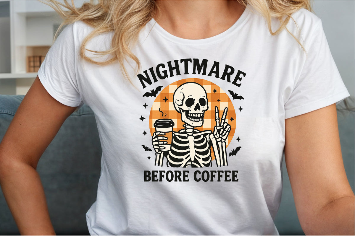 Nightmare Before Coffee Halloween Skeleton PNG Sublimation Design