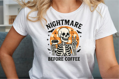 Nightmare Before Coffee Halloween Skeleton PNG Sublimation Design