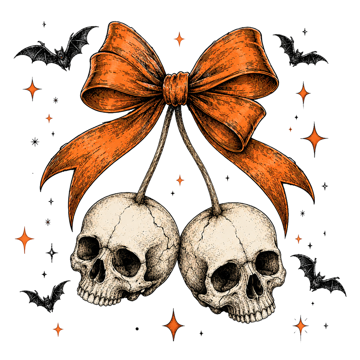 Halloween Skull Cherry PNG – Gothic Skull Bow Bats Spooky Design
